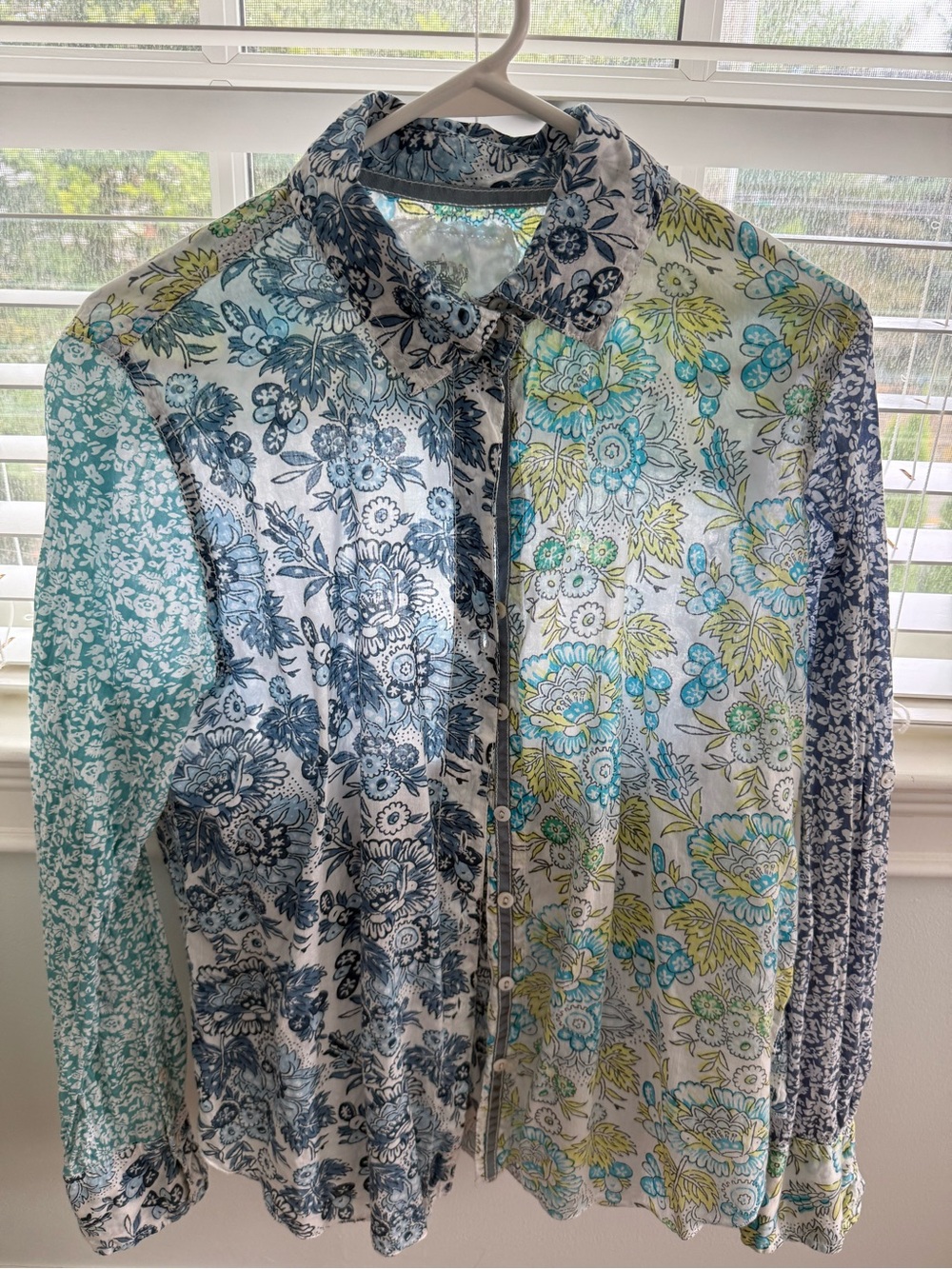 Patchwork Floral Button-Down Shirt in Blue & Green